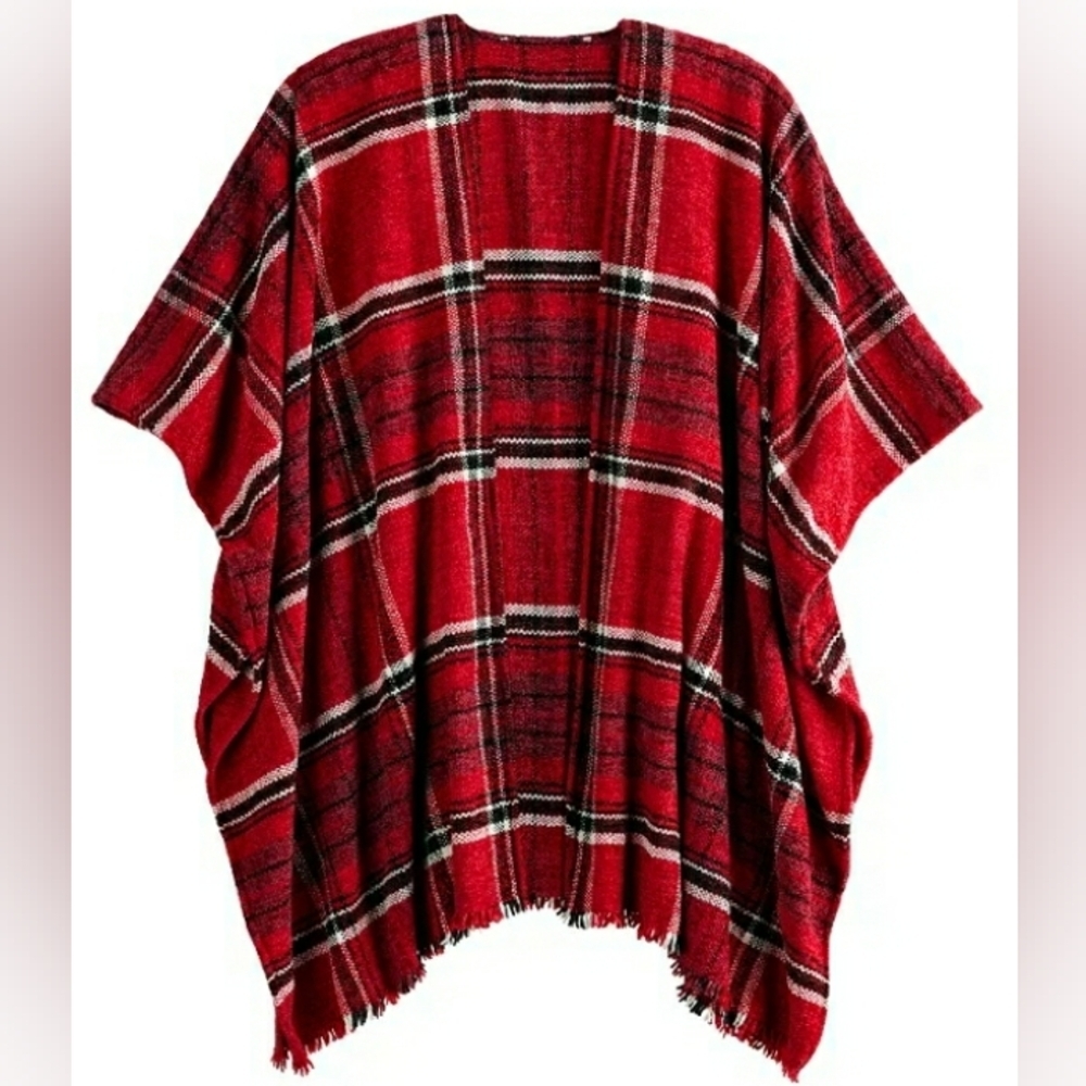 Women's Nine West Overscale Plaid Red/Black/White Chenile Topper. OSFM